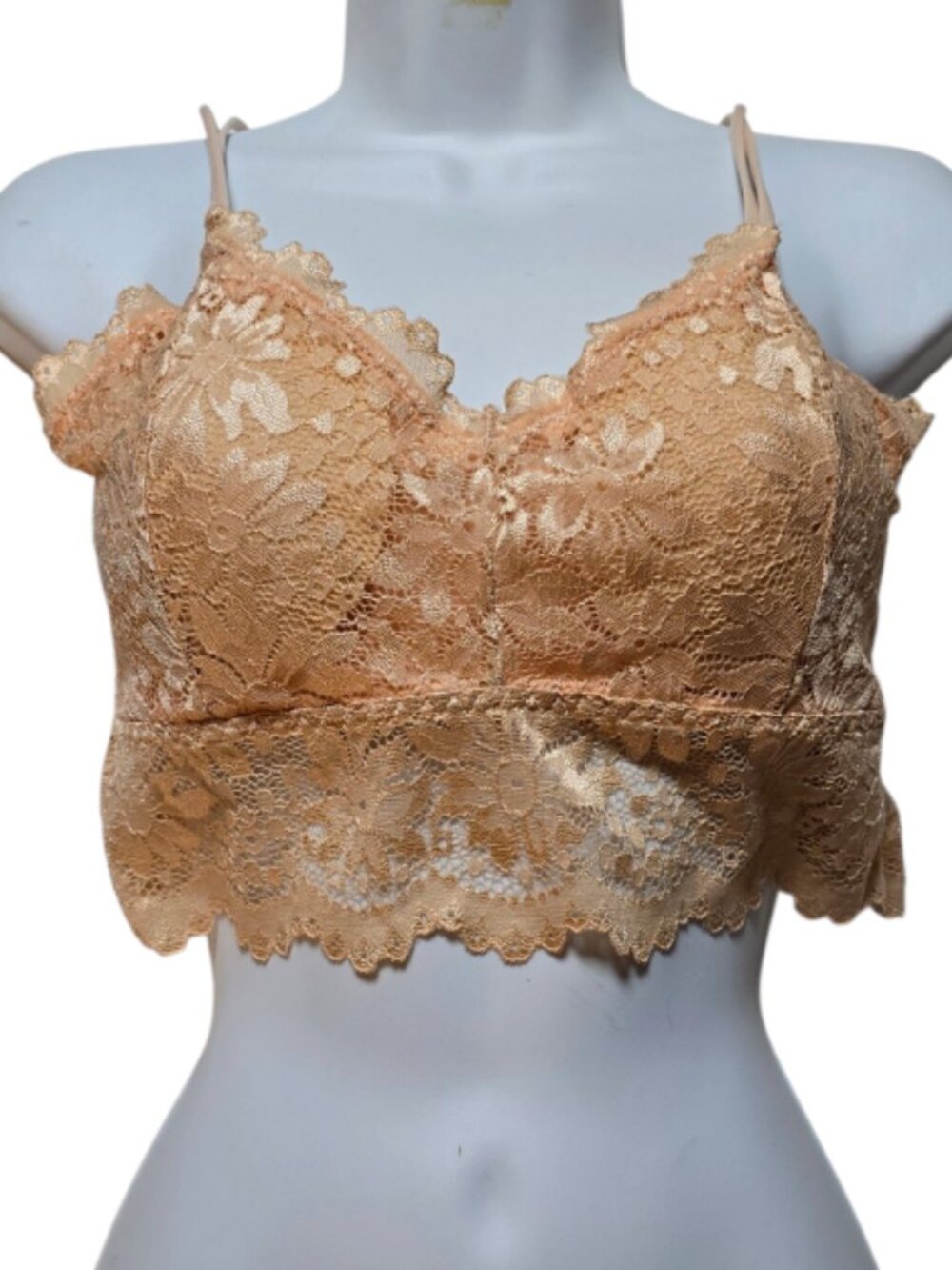 Floral Lace Longline Bralette Size L Nude Beige Sheer Scalloped Crop Top
